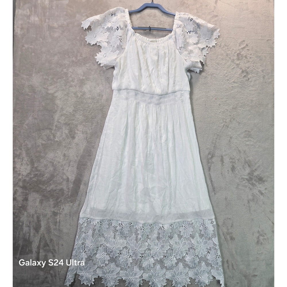 Cato Established 1946 White Lace Flutter Sleeve Smocked Waist Midi Dress Medium
